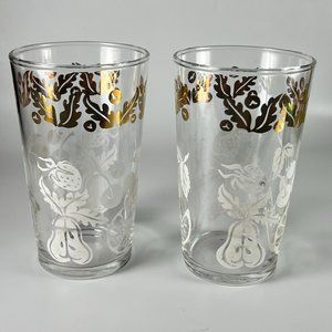 Vtg Federal Glass Glassware Barware Fruit Gold Leaf Design Lot of 2